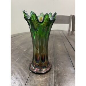Fenton Carnival Glass Vase Iridescent Green Long Thumbprint Swung 9‎ Point